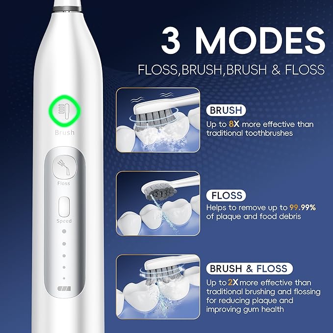 Electric Toothbrush with Water Flosser, All in One Sonic Flossing Toothbrush with 3 Modes & 5 Flossing Speeds & 4 Brush Heads, Rechargeable & Portable for Adult Teeth Cleaning