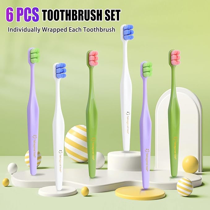 6 Pack Extra Soft Toothbrushes for Adults - 10,000 Ultra Soft Bristles for Sensitive Teeth & Receding Gums | Dentist Recommended Gentle Cleaning | BPA-Free | Dopamine Colors