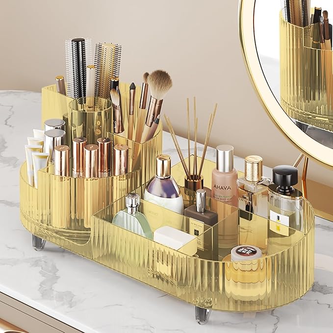 Makeup Organizer Countertop Rotating Makeup Organizer for Vanity Large Capacity Cosmetic Display Case with Makeup Brush Holder Cosmetic Organizer Countertop（Amber