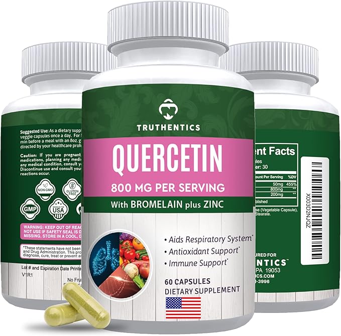 TRUTHENTICS Quercetin with Bromelain and Zinc 1050mg - Premium Zinc Quercetin Supplements for Immune, Respiratory & Seasonal Support - Non-GMO, Gluten Free - 60 Veggie Capsules