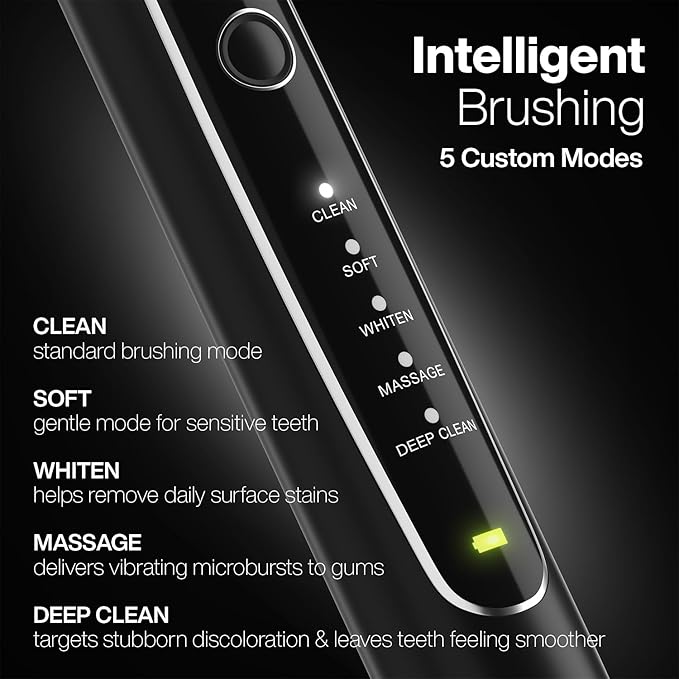 Aquasonic Black Series PRO UV – Ultra-Whitening Electric Toothbrush – 5 Modes & Smart Timers – UV Sanitizing Base, Premium Travel Case & 6 Proflex Brush Heads – ADA Accepted