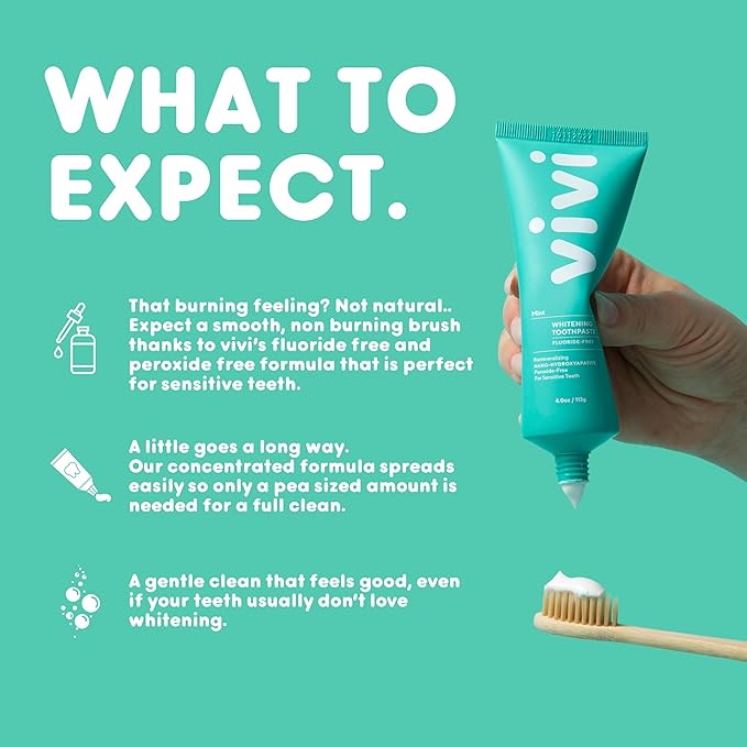 vivi Nano Hydroxyapatite Fluoride Free Whitening Toothpaste, Remineralizing Enamel w/Sensitivity Relief, Antiplaque, Gently Removes Stains, Mint Flavor, 4oz 1pk