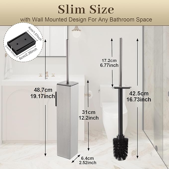 Toilet Brush and Holder Wall Mounted, Brushed Nickel Aluminum with 2 Replaceable Heads, Bathroom Toilet Brush, Drill or 3M Adhesive Mount for Bathroom