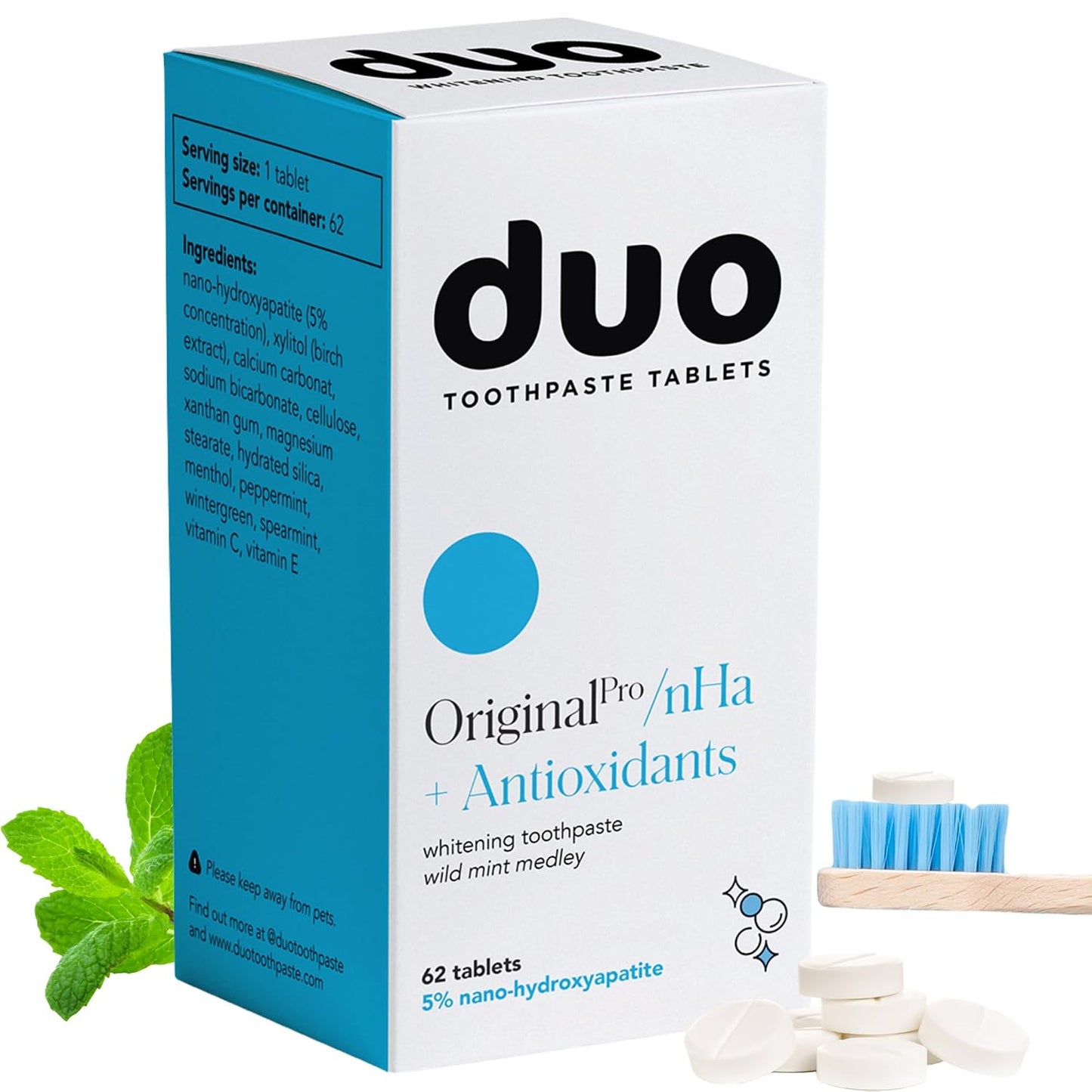 Duo Toothpaste Tablets | Nano-Hydroxyapatite (nHa) Natural Whitening, Remineralize, Reduce Sensitivity | Sustainable & Plastic Free | Dentist Created | Wild Mint Medley - 1 Bottle / 62 Tablets