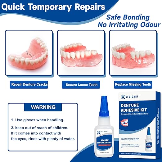 Dental Lab Denture Repair Glue Kit (1oz), Instant Bonding Denture Adhesive, Repair Cracks and Secure Loose Teeth, Safe Bonding No Irritating Odour