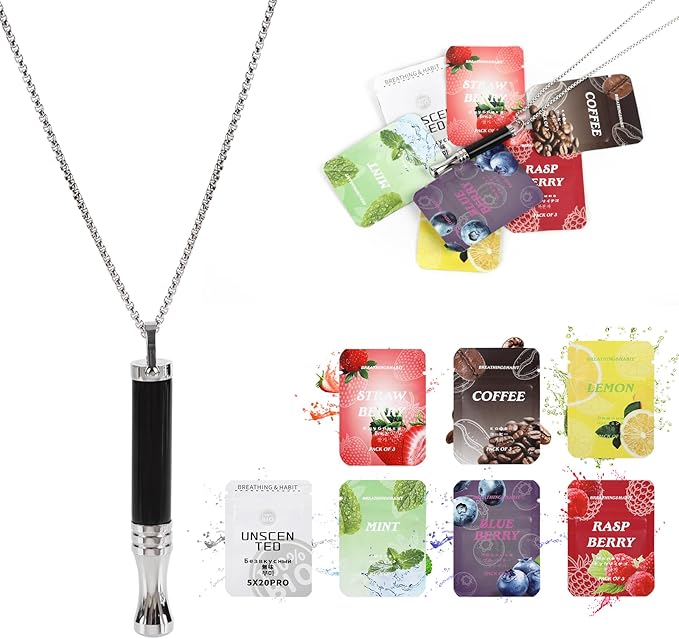 Breathe Free Necklace | Smoke-Free Breathing Aid with 7 Flavored Cartridges for Relaxation, Mindfulness, and Oral Comfort | Reusable Sensory Device for Calm and Focus