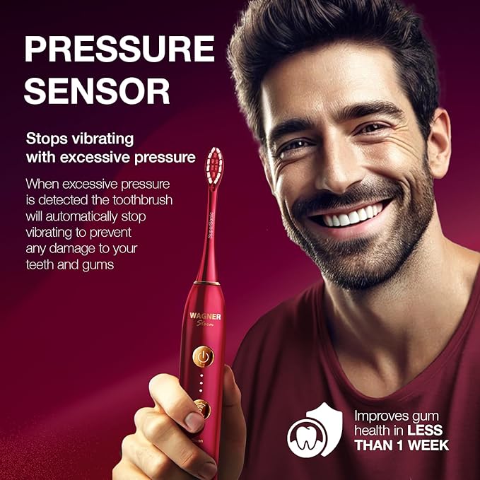 Wagner Stern WT8900 Series Electric Toothbrush – Whitening & Pressure Sensor, 5 Modes, 3 Intensities, 8 Soft Brush Heads, Rechargeable, Travel Case Included