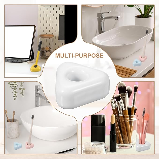 uxcell 2 Pcs Mini Ceramics Toothbrush Holder Stands, Sleek Mini Countertop Toothbrush Triangle Shape Ceramic Holder Stand for Bathroom Vanity Countertops, White