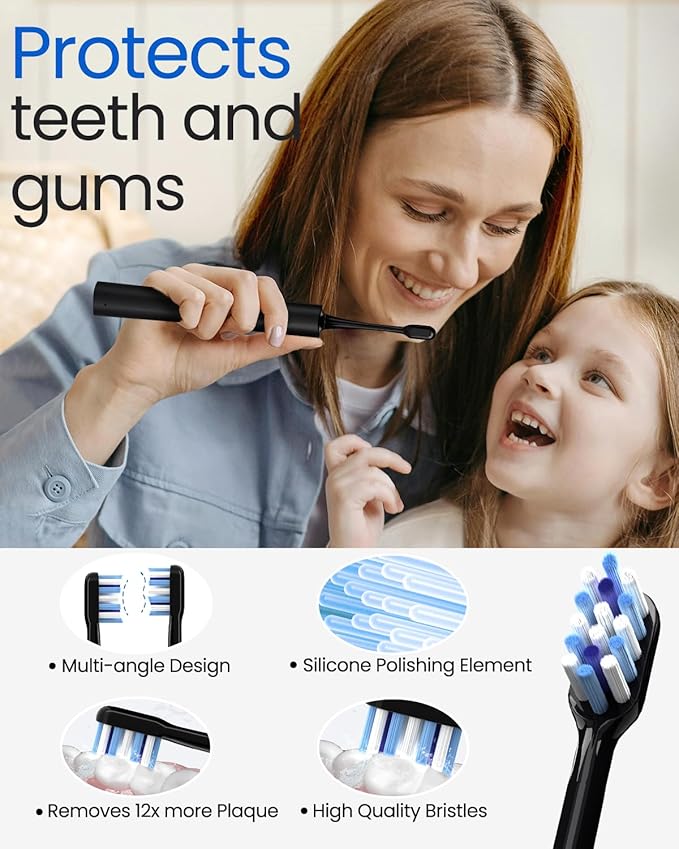 Electric Toothbrush for Adults, Rechargeable Sonic Travel Toothbrush Teens with 4 Brush Heads-180 Days Battery Life, 55000VPM, 5 Modes Smart Timer& Travel Case, Black