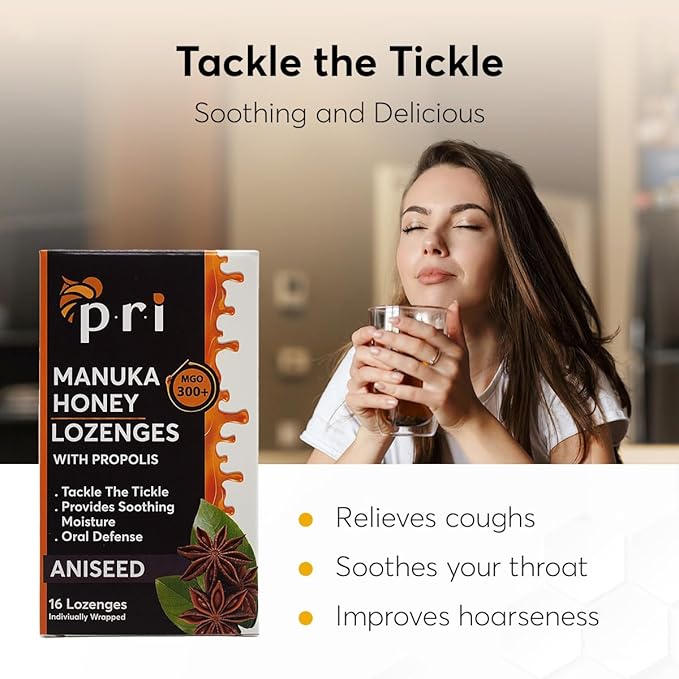 P.R.I Manuka Honey Lozenges with Propolis, Soothing Cough and Throat Drops, MGO 300+ Certified, (Original Aniseed, 16 Count/2 Pack)