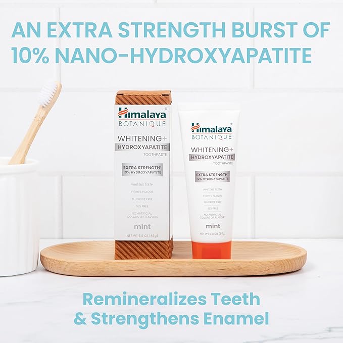 Himalaya Botanique Whitening + Extra Strength Hydroxyapatite Toothpaste - 10% Nano Hydroxyapatite to Support Remineralization & Restore Enamel to Strengthen Teeth - Vegan, Mint Flavor, 3 oz