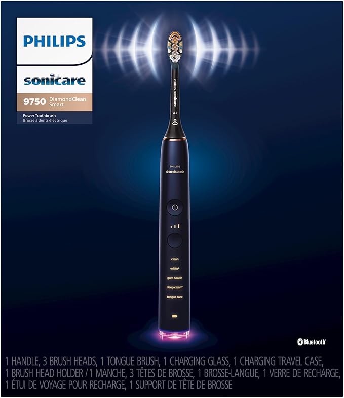 Philips Sonicare DiamondClean Smart 9750 Electric Toothbrush, Sonic Toothbrush with App, Pressure Sensor, Brush Head Detection, 5 Brushing Modes and 3 Intensity Levels, Lunar Blue, Model HX9954/74