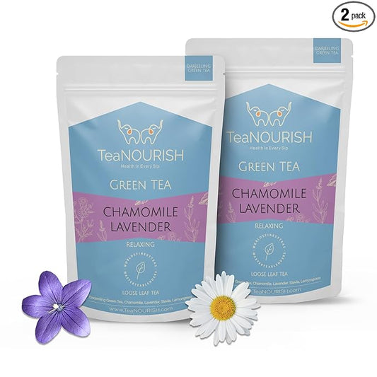 TeaNOURISH Chamomile Lavender Green Tea | Loose Leaf Tee | Calming & Relaxing Chamomile Sleep Tea | Bedtime Tea | 100% NATURAL | Brew Hot or Iced Tee - 3.53oz/100g (Pack of 2)