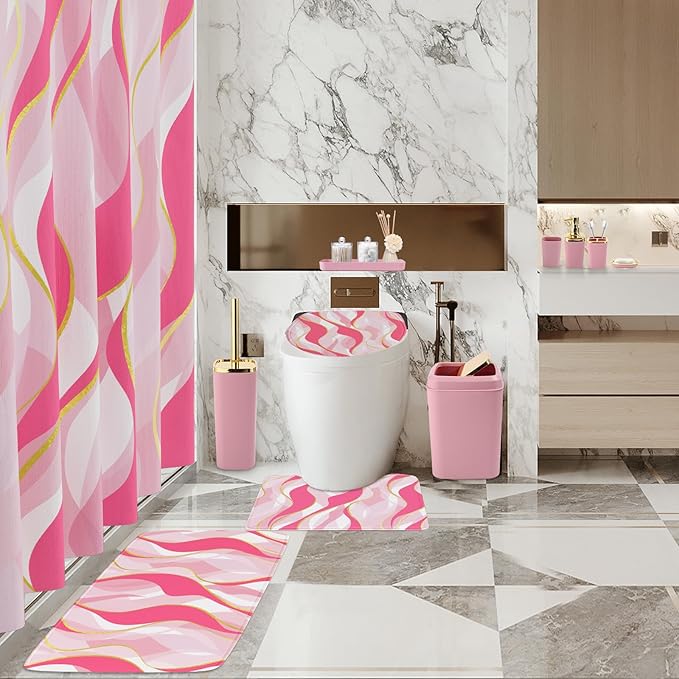 Bathroom Set - Pink and Gold Bathroom Accessories, Bathroom Sets with Shower Curtain and Rugs, Pink Shower Curtain Set with Bathroom Trash Can, Soap Dispenser, Soap Dish for Home Decor