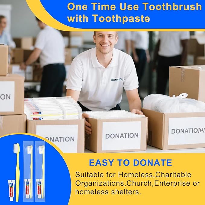 Yellow Disposable Toothbrushes with Toothpaste - Pack of 200,Individually Wrapped Single Use Travel Toothbrushes Kit Bulk for Homeless,Guests,Hotel,Dentist