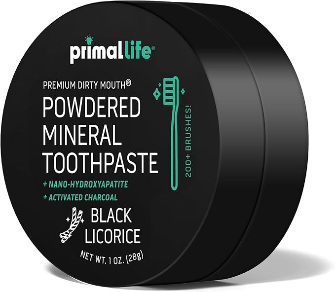Primal Life Organics - Dirty Mouth Toothpowder, Activated Charcoal Tooth Cleaning Powder, Essential Oils Natural Kaolin Bentonite Clay, 200+ Brushings, Organic Vegan (Charcoal Black Licorice, 1 oz)
