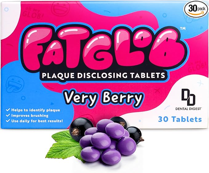 Fatglob Plaque Disclosing Tablets - Delicious Berry Flavor, Dental Care for Kids & Adults, Teeth Cleaning Made Easy, Perfect for Braces & Aligners, Essential Dental Care Kit 30 Counts