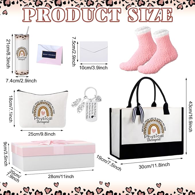 Geiserailie 8 Pcs Christmas Physical Therapist Gifts for Women Including Large Tote Bag Cosmetic Bags Tumbler Cup Plush Socks Metal Keychain Card and Envelope for Physical Therapist Thank You Gifts