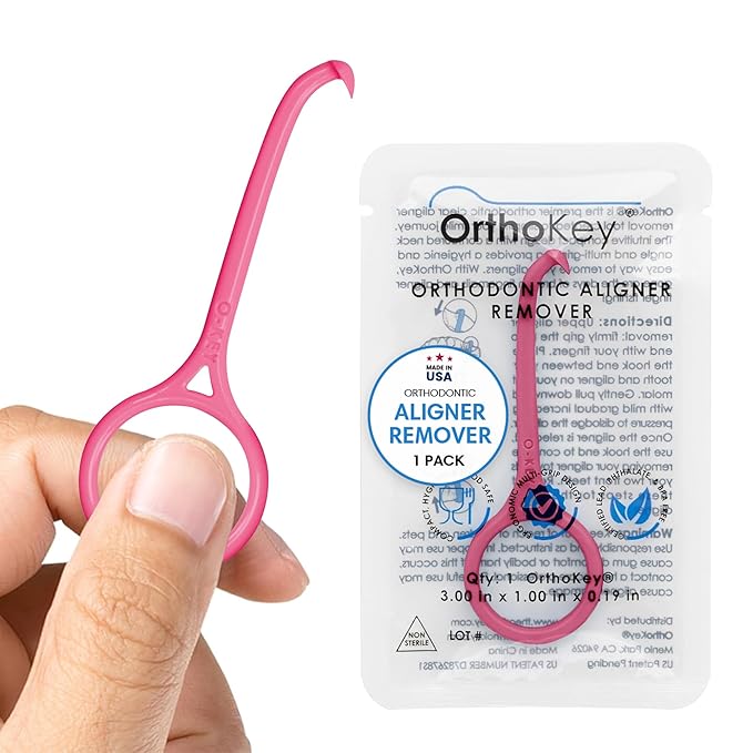 OrthoKey Aligner Remover - Versatile Clear Aligner & Retainer Removal Tool - Hygienic Invisalign Remover, Denture Grabber - Portable & Durable, Fits Dental & Aligner Cases - (Pink, 1-Pack)