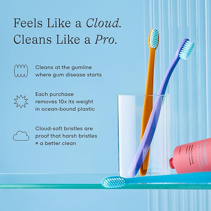 Cocolab Cocobrush, Ultra-Soft Manual Toothbrush, Dentist-Designed, Gentle on Gums, Made from Recycled Plastic, Pool Blue