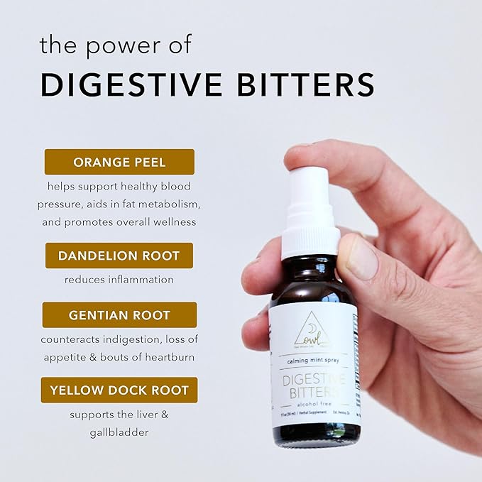 OWL Calming Mint Digestive Bitters Spray – Natural Digestive Aid with Dandelion Root, Chamomile, and Peppermint – Supports Digestion, Soothes Digestive Tract, and Freshens Breath – 1 fl oz