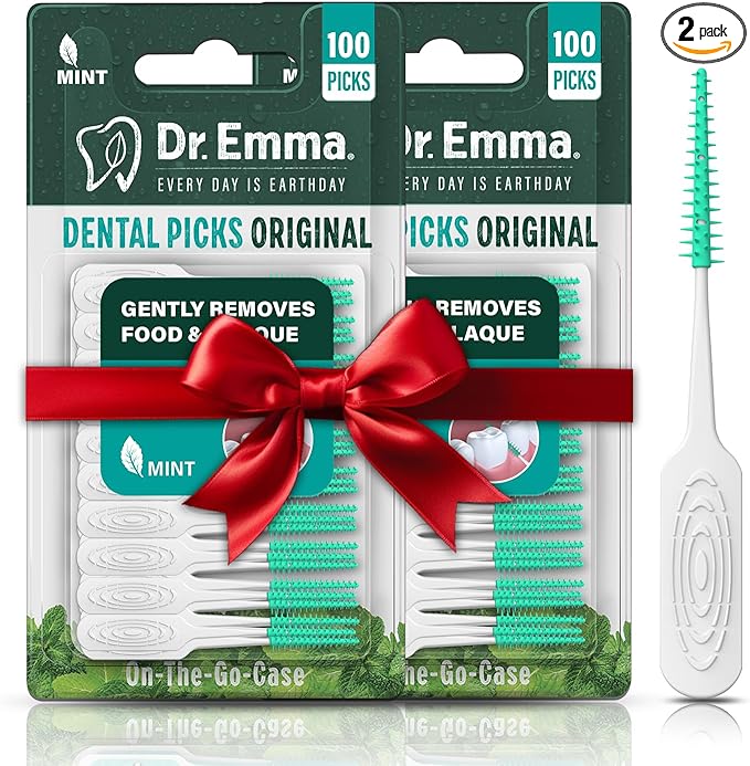 Dr. Emma Original Dental Picks Mint Soft Rubberized Tooth Picks Easy to Use Brush Picks 100Ct/Pack, 2 Packs (200Ct)