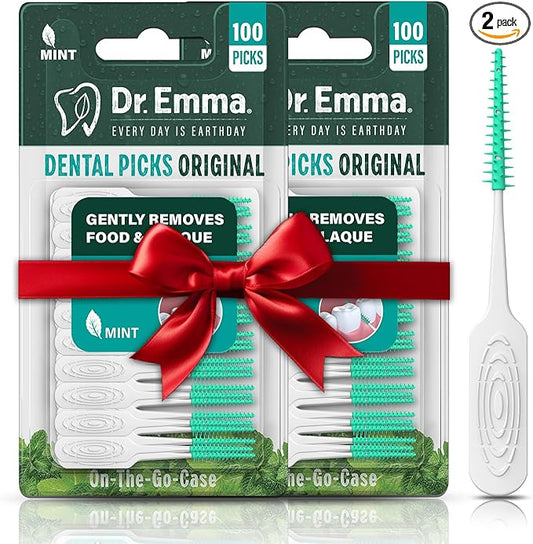 Dr. Emma Original Dental Picks Mint Soft Rubberized Tooth Picks Easy to Use Brush Picks 100Ct/Pack, 2 Packs (200Ct)