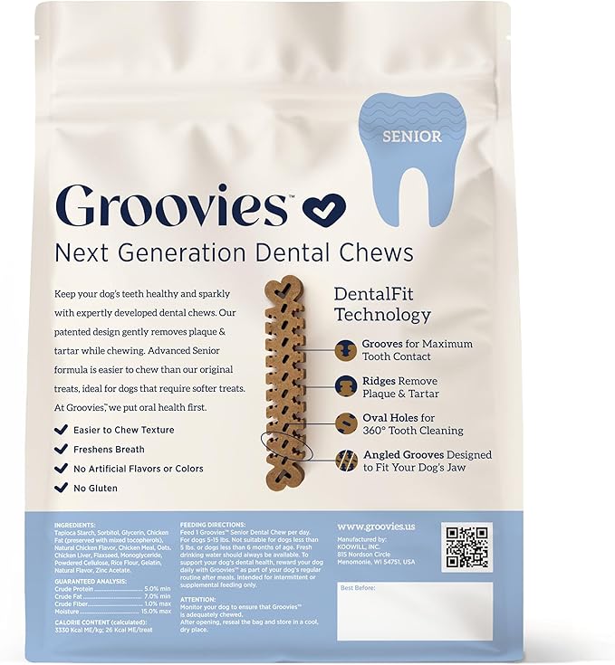 Groovies Slightly Softer, Yet Flexible Dental Chew for Senior Dogs & Delicate Chewers. Powered by USA-Patented DentalFit Tech. No Added Gluten, No Artificial Flavors or Colors. 6oz Small (22Chews)