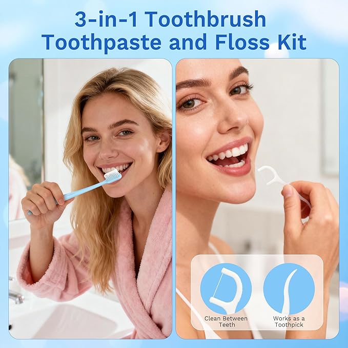 Disposable Toothbrushes with Toothpaste, Travel Toothbrush Kit, Individually Packaged, Light Blue, with Floss Picks, Suitable for Hotel, Home, Camping, Travel (100-PACK)