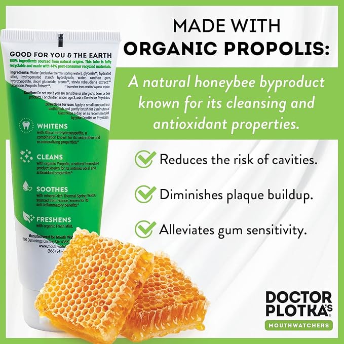 MOUTHWATCHERS Whitening Fluoride Free Naturally Sourced Toothpaste, 4 Tubes, 3 oz Each, for Sensitive Teeth and Gums, Organic, SLS Free, Fresh Organic Mint and Propolis, by Dr. Plotka's