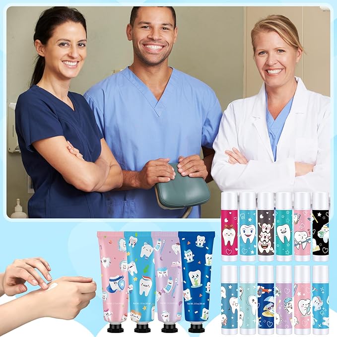 Loopeer 24 Sets Dental Hygiene Gifts Dental Hygienist Appreciation Gifts Moisturizing Lip Balm Hand Cream Dentist Thank You Gift with Cards Organza Bags for Nurse Week Valentine Birthday