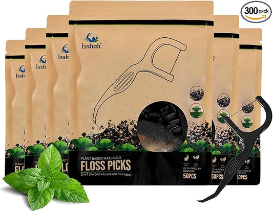 Floss Picks (300 Count) – Plant Based Dental Floss Picks for Superior Oral Care, Dental Hygiene, and Gum Health, Cruelty Free Tooth Floss Picks Single Thread (Charcoal)