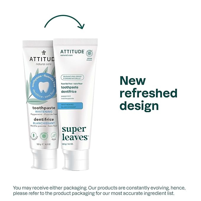 Attitude Fluoride-Free Whitening Toothpaste, Peppermint Flavor, Vegan & Cruelty-Free, Sugar-Free, Plant & Mineral-Based Ingredients, Clean Oral Care, 4.2 Oz