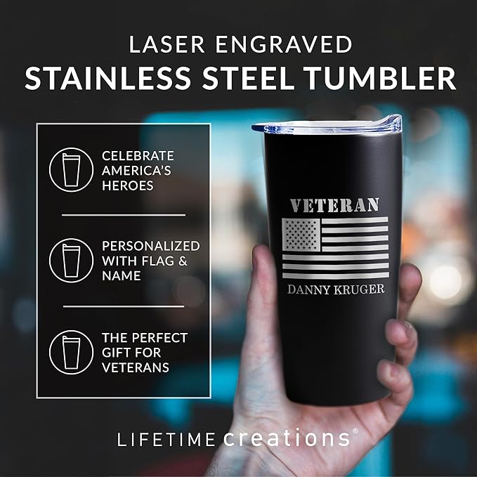 Lifetime Creations Engraved Personalized Veteran Tumbler 20 oz (White) with American Flag - Custom Veteran Gift for Veterans Day Event, Insulated Stainless Steel Coffee Travel Mug