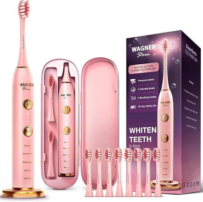 Wagner Stern WT8900 Series Electric Toothbrush – Whitening & Pressure Sensor, 5 Modes, 3 Intensities, 8 Soft Brush Heads, Rechargeable, Travel Case Included