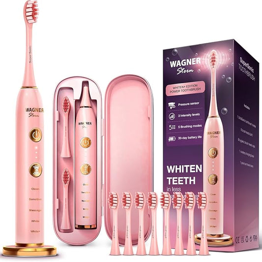 Wagner Stern WT8900 Series Electric Toothbrush – Whitening & Pressure Sensor, 5 Modes, 3 Intensities, 8 Soft Brush Heads, Rechargeable, Travel Case Included