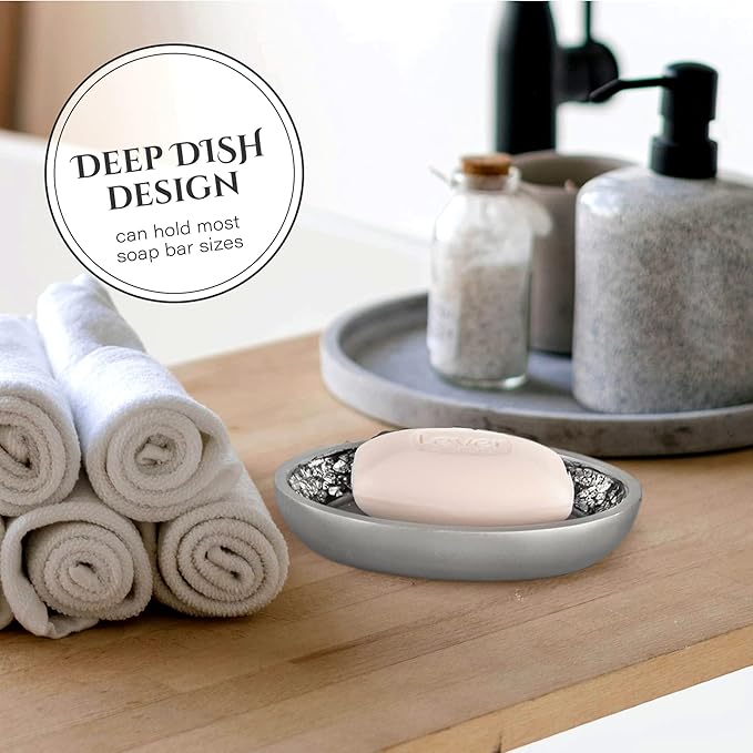 Crackled Glass Silver Bathroom Accessories Set - 6 Piece Bathroom Set Includes: Toilet Brush and Holder Set, Tissue Box Cover, Toothbrush Holder, Soap Dispenser, Soap Dish & Tumbler