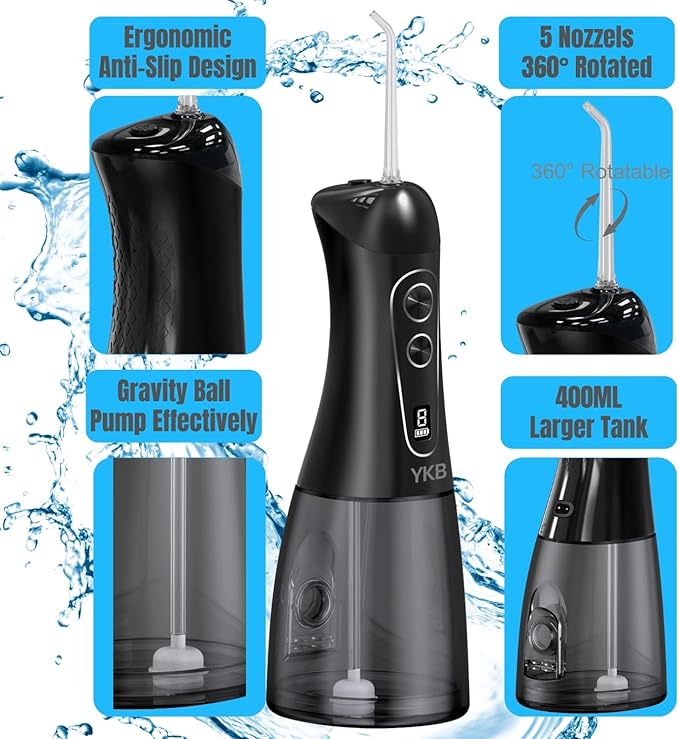 YKB Water Flosser for Teeth, 400ml 8 Modes Portable Water Flosser Cordless with Digital Display, Travel Water Oral Irrigator for Teeth Cleaning & Oral Care Rechargeable IPX7 Waterproof (White)