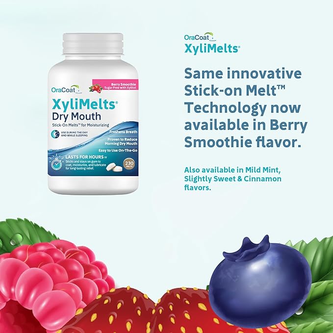 Oracoat XyliMelts for Dry Mouth Night Time or Day - Moisturizing Dry Mouth Adhering Discs, Sugar Free with Xylitol, 230 Count, Berry Smoothie Flavor, 8-Hour Relief
