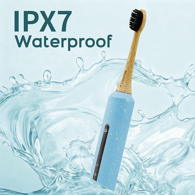 Bamboo Electric Toothbrush for Adults丨Rechargeable Electric Toothbrush with 3 Non Toxic Charcoal Infused Bamboo Brush Heads, 5 Cleaning Modes, 60 Days Battery Life, IPX7 Waterproof-Blue