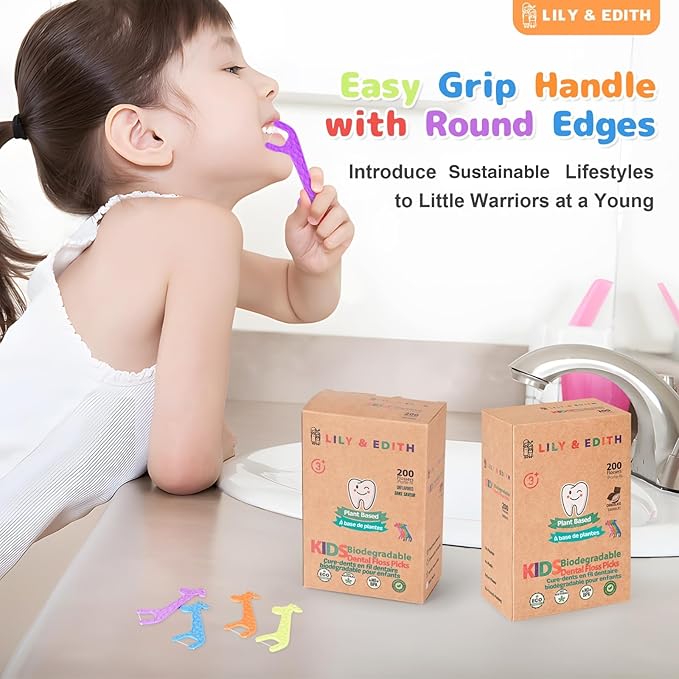 LILY & EDITH Kids Plant Based Dental Floss Picks 200 Counts, Fluoride Free, Corn Starch Material, Chemical Free, Fun Animal Flossing Sticks, Ultra Sturdy Thread, Zero Waste Package (Strawberry)