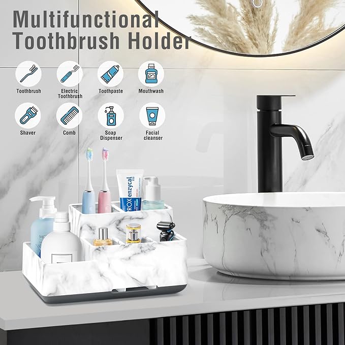 Toothbrush Holders for Bathrooms, Plastic Bathroom Countertop Organizer Compartment, Vanity Organizer Tray,Countertop Organizer Box, Kids Desk Organizers and Storage,White Marble Pattern