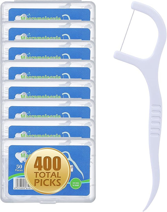 400 Count Dental Floss Picks – Built-in Toothpicks for Deep Cleaning, Comfortable Handle to Remove Plaque & Protect Gums – Family Pack with 50 Picks per Portable Case for Adults & Kids