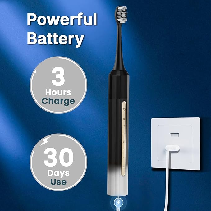 Sonic Electric Toothbrush with 10 Brush Heads for Adults and Children, Up to 30 Days on a Single Charge,5 Modes,Built-in 2-Minute Smart Timer, IPX8 Waterproof Electric Toothbrush (Black White)