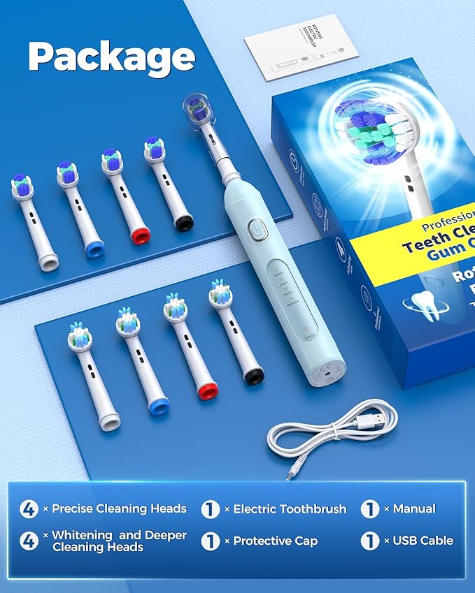 TEETHEORY Rotating Electric Toothbrush for Adults with 8 Brush Heads (2 Types), 4 Modes Deep Clean Electric Toothbrush with Rechargeable Power and 2 Min Smart Timer (7-SkyBlue, p1)