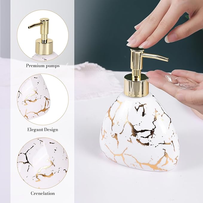 Ceramics White Bathroom Accessories Set,Gold Marble Look Bathroom Decor,Modern 6 Piece Bathroom Accessory Set,Complete with Soap Dispenser,Toothbrush Holder,Tumbler,Tray Countertop