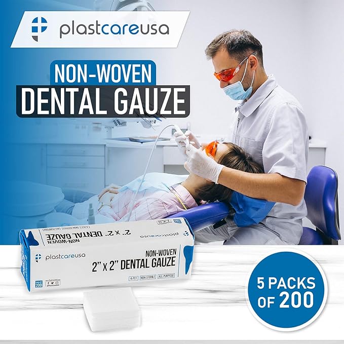 1000 Count 2x2 Gauze Pads - Soft 4-Ply Non Woven Sponges - Non Sterile Dental & Esthetic Wipes - All Purpose Medical Gauze Squares for First Aid, Surgical, Wound Dressing (5 Packs of 200)