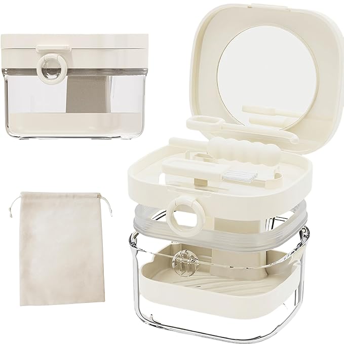 Denture Case Retainer Cleaning Case with Retainer Removal Tool and Brush, No-Leak Denture Bath Box Cup, Complete Clean Care for Clear Braces, Mouth Guard, Night Guard & Retainers (White)