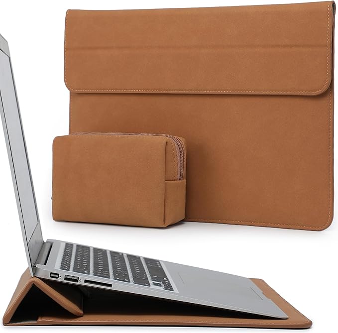 HYZUO 15 Inch Laptop Sleeve Case with Stand for MacBook Air 15 M4 A3241 M3 A3114 M2 A2941 2025-2023, 15" Surface Laptop 7/6/5/4, MacBook Pro 15 A1990 A1707 2019-2016, with Pouch, Brown