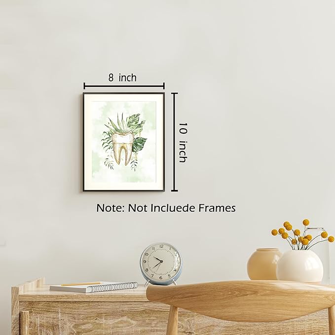 KSDUT Dental Wall Decor Art Set of 4 - Dentist Clinic Artwork Poster Prints Green Leaf Wall Decor Botanical Dentistry Picture Wall Art for Office Home Hospital Decorations - 8"x10" Unframed